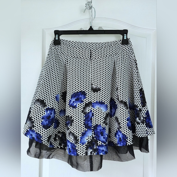 Express Skirt Black White Blue Floral Polka Tulle Mini Layered Spring Small 0 - Picture 5 of 7